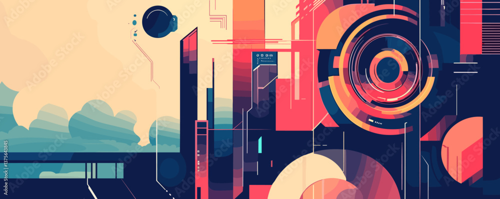 Poster futuristic abstract cyberpunk cityscape with geometric shapes and tech elements, retro style vector.