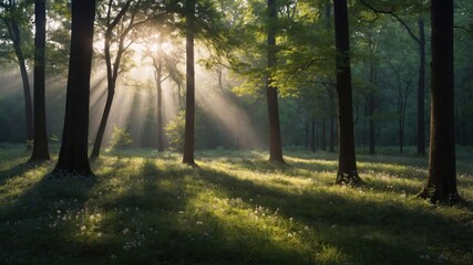 Obraz premium Sunlight Streaming Through Trees in Lush Green Forest Landscape