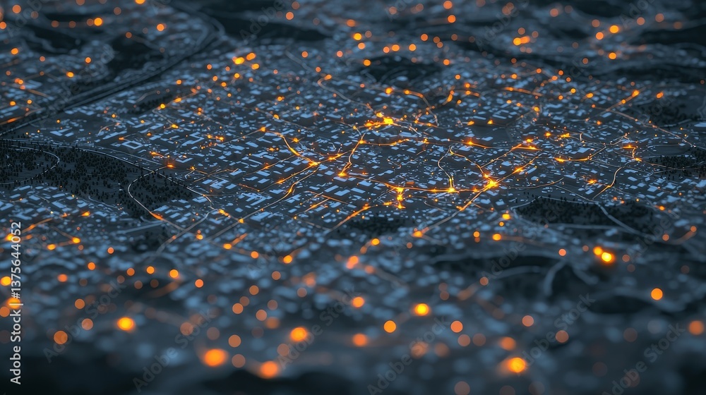 Poster circuit board illuminated with dynamic energy lines, embodying the idea of technology and data trans