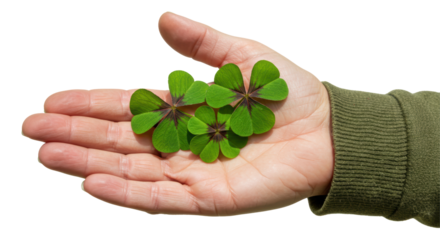Isolated Hand Holding Three Four Leaf Clovers Luck