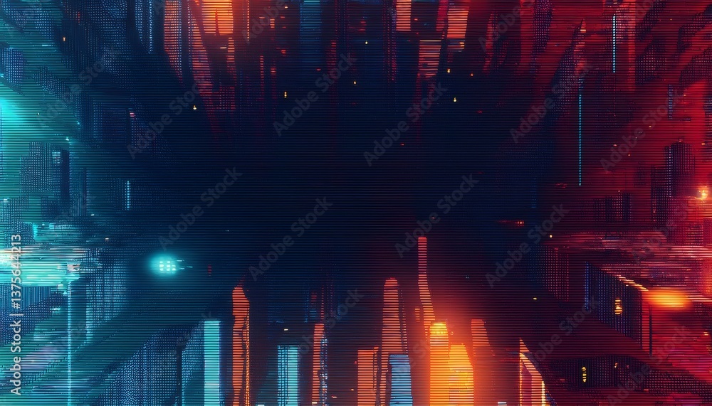 Poster pixelated digital glitch distorting visual surface, generating vibrant cyberpunk style graphic desig