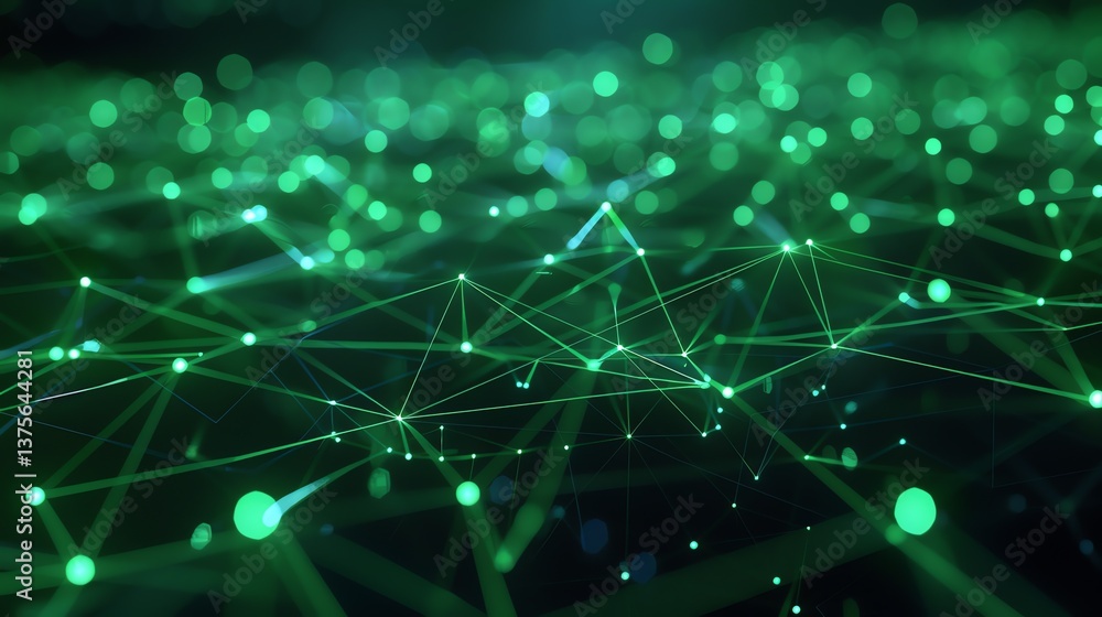Poster Glowing green neural network. Artificial intelligence. Plexus. 3D rendering.