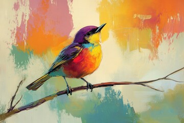 Colorful wild bird singing on a branch amidst a vibrant abstract background in bright daylight, bird, wild beautiful colorful sings on a branch