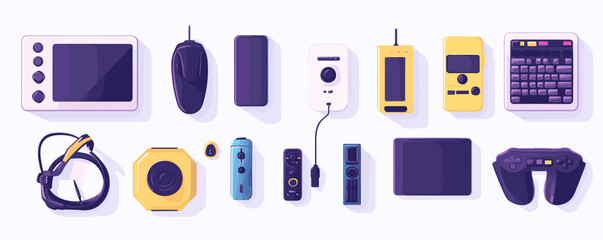 Vector set of modern gaming and tech gadgets in minimalist style.