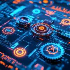 Obraz premium Metallic gears and mechanical parts forming complex futuristic engineering layout