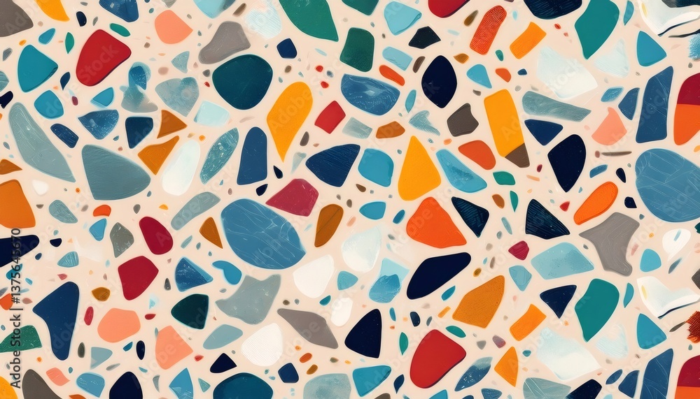 Poster terrazzo stone surface with multicolored embedded fragments creating smooth seamless pattern, showca
