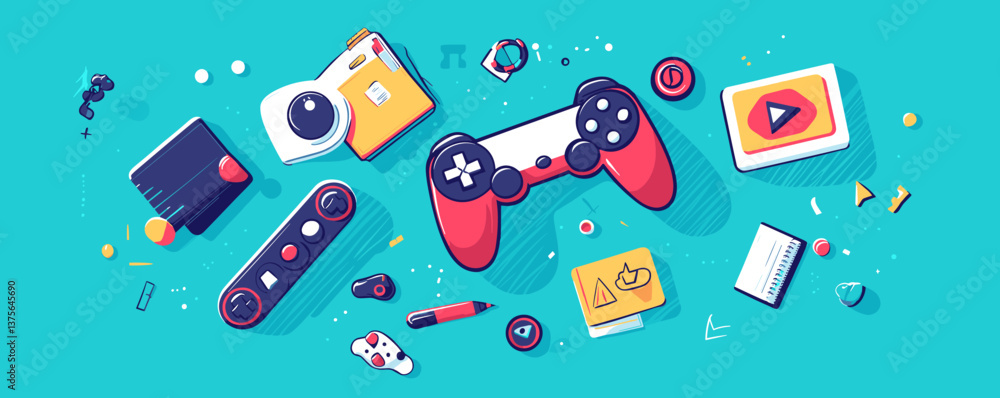Poster retro gaming controller and gadgets on teal background vector.