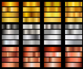 Gold, bronze and silver gradient set, golden squares collection, texture group, background set.