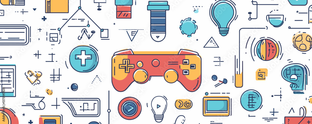 Poster colorful gaming controller and technology icons pattern background – vector.