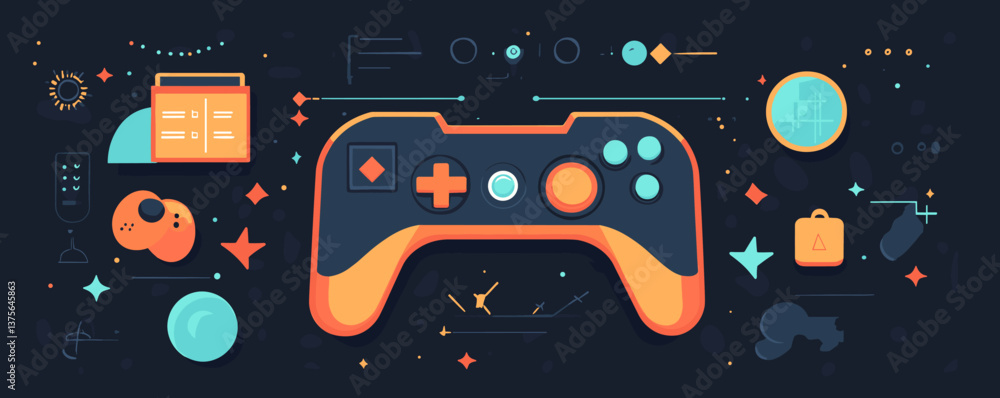 Aufkleber colorful gaming controller with geometric elements on dark background - vector.
