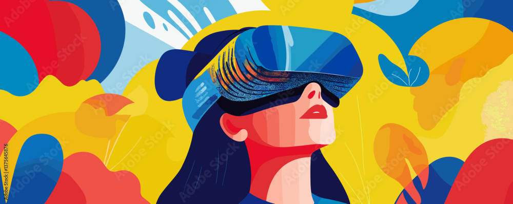Poster woman with vr headset experiencing virtual reality in colorful abstract background - vector.