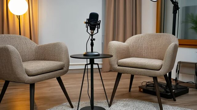 Modern podcast empty studio setup audio microphone, two with chairs, small table, and circular neon light, ready for recording video 4k