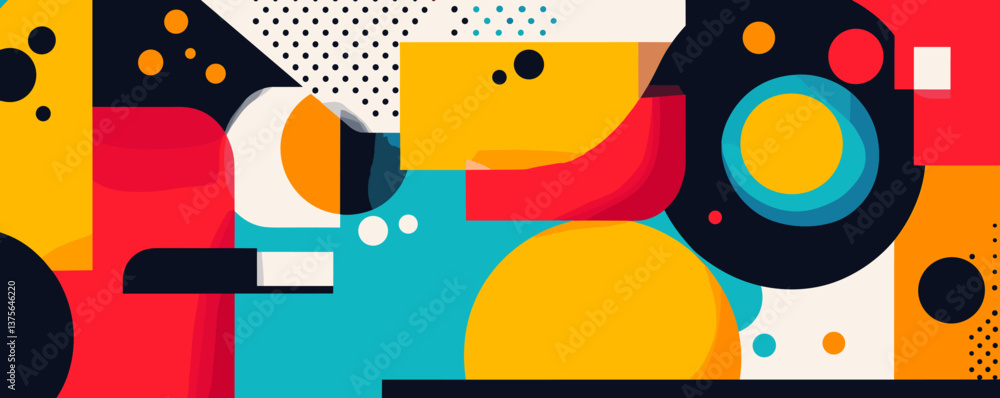 Poster colorful abstract geometric pattern with circles and rectangles on bold background - vector.