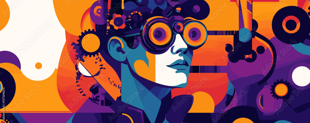 Poster abstract futuristic portrait with gears and goggles in vibrant colors - vector.