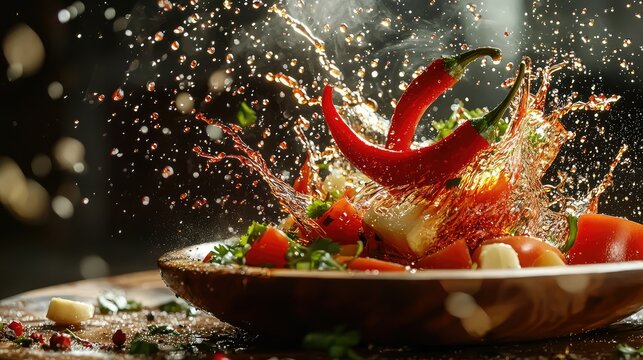 Chili pepper causing a splash in a bowl of marinated vegetables, with spices like paprika and cumin floating in the air.