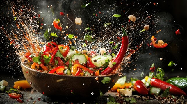 Chili pepper causing a splash in a bowl of marinated vegetables, with spices like paprika and cumin floating in the air.
