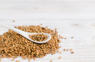 Heap of dry fenugreek or shambhala with small tea spoon on white wooden table. Medicinal plant from the Middle East. Alternative medicine concept. Selective focus. Copy space. Horizontal orientation