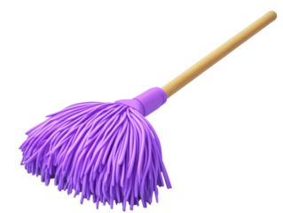 Bright purple cleaning mop with wooden handle for household use, cut out - stock png.