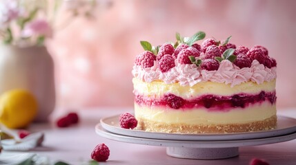 Stacked cake layers adorned with vibrant raspberries. A sweet treat on a rustic wood surface, accented by a lemon and floral vase