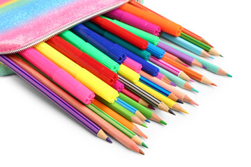 Fototapeta premium Colorful art supplies spilling from glittery pencil case, creative education and school stationery