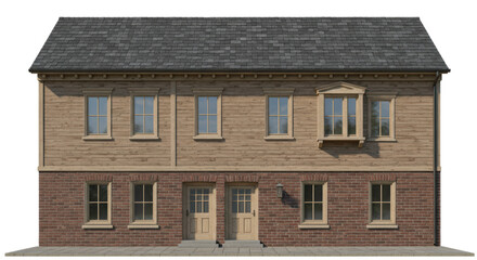 Isolated Two Story Building with Brick and Wood Facade