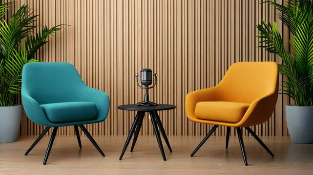 Modern podcast studio setup featuring two engage chairs and a microphone, for ready speakers to empty in insightful discussions video 4k