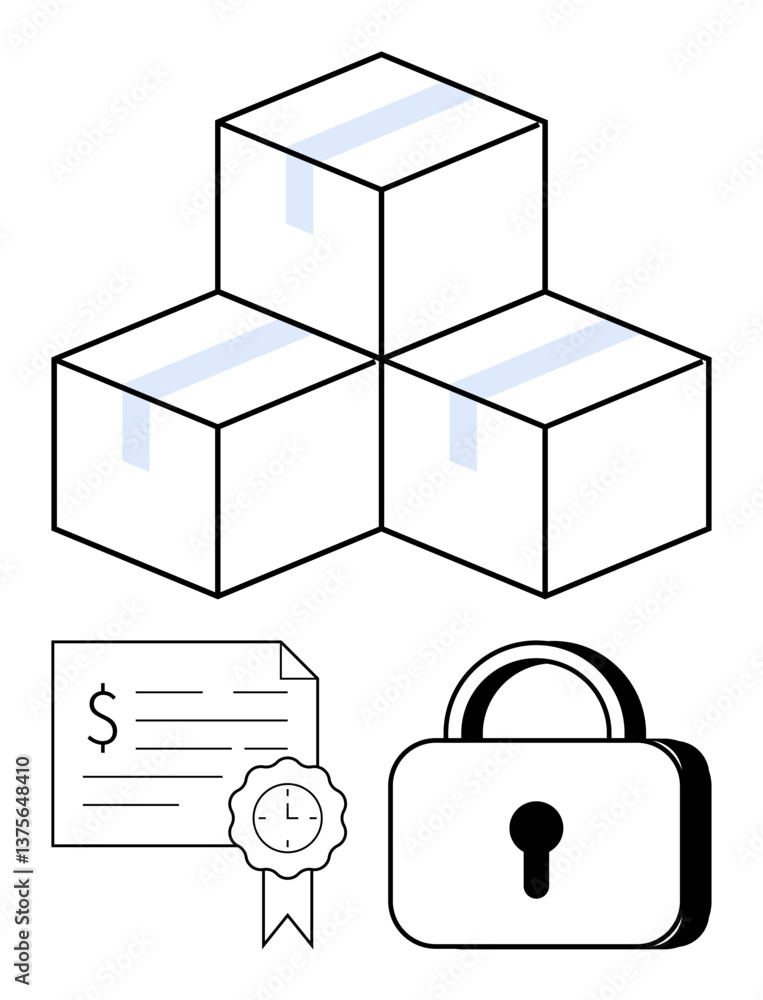 Poster stack of three boxes with shipping tape, a secure padlock, a document with a dollar sign and ribbon 
