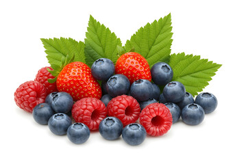 Assortment of Fresh Berries with Green Leaves isolated on white background.