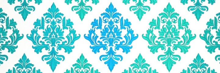 Close-up of intricate damask design in shades of blue and green on a white background, color, damask