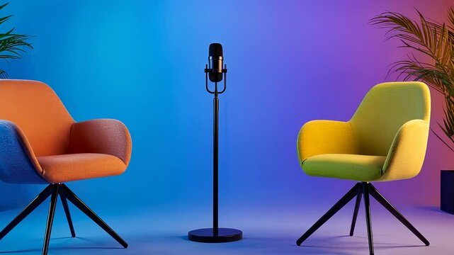 Modern podcast studio setup featuring a chairs two and empty microphone, ready for speakers to engage in insightful discussions video 4k