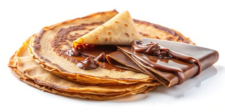 Cr?pe au chocolat sur fond blanc avec une coupe et un morceau de cr?pe d?chir? dans le fond, food, cr?pe,  food