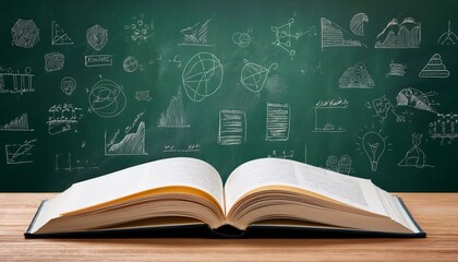 open book on a desk in front of a chalkboard