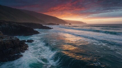 Fototapeta premium Ocean Waves Crashing on Rocky Coastline Under Dramatic Sunset Sky