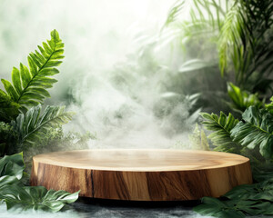 beautiful wooden podium surrounded by lush green foliage creates serene atmosphere, perfect for showcasing products in natural setting. mist adds touch of mystery and elegance