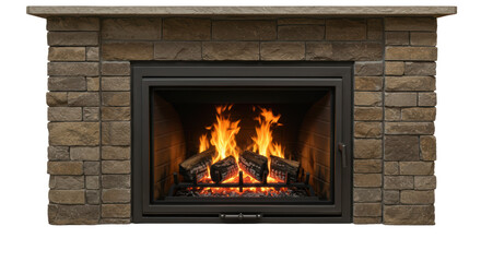 Isolated Stone Fireplace with Burning Wood