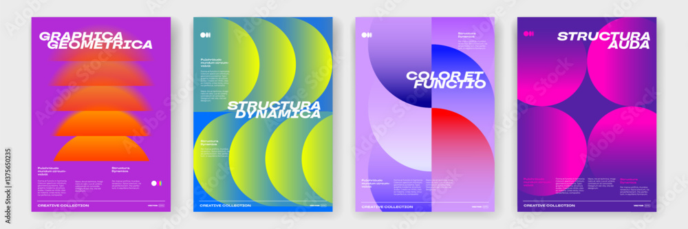 Poster Geometric pattern background posters with color gradient shapes and dynamic pattern background. Modern trendy abstract posters with circles and color gradient overlay on vector neon glow background