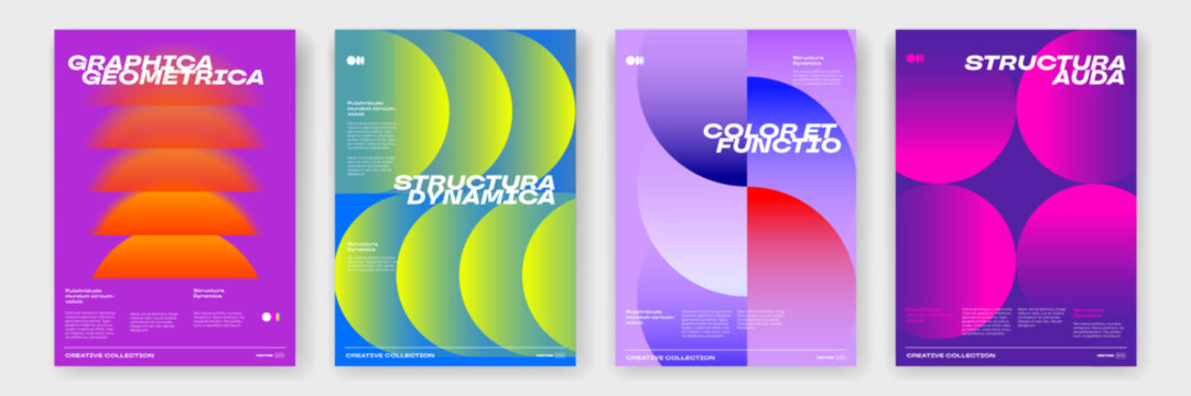 Geometric pattern background posters with color gradient shapes and dynamic pattern background. Modern trendy abstract posters with circles and color gradient overlay on vector neon glow background