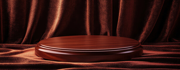 polished wood podium rests elegantly on rich fabric, creating stunning display for showcasing products or awards. warm tones enhance overall aesthetic appeal