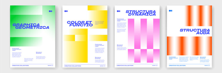 Color gradient posters with trendy dynamic shapes pattern background. Vector modern abstract poster templates with color gradient mesh stripes and lines