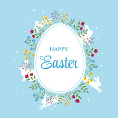 Happy Easter poster. Easter egg with flowers, easter bunnies and typography on blue background. Design for greeting cards, posters, decorations. Easter template. Flat style.Vector illustration.