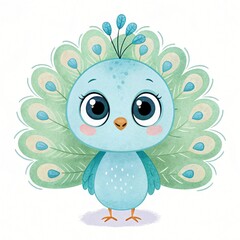 Fototapeta premium Adorable Baby Peacock Cartoon Illustration Watercolor Style Cute Bird Green Feathers