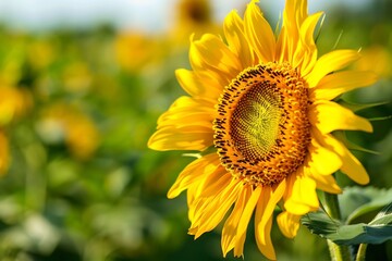 Close up and extreme angle of a sunflower in bloom,