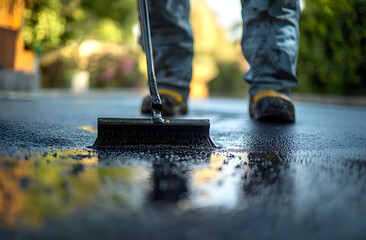 Person sealing driveway with squeegee applicator tool in sunny day. Driveway asphalt sealcoating protects pavement, prevents fractures. Maintenance worker spreads liquid tar coal. Home improvement,