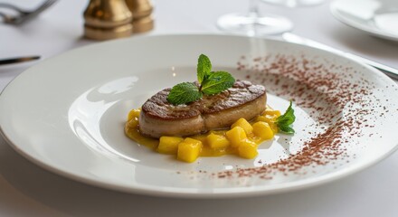 Tender foie gras paired with exotic mango chutney and fresh mint leaves.