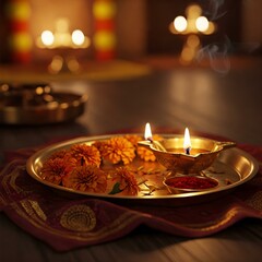 pooja thaali with diya and flowers on blur background
