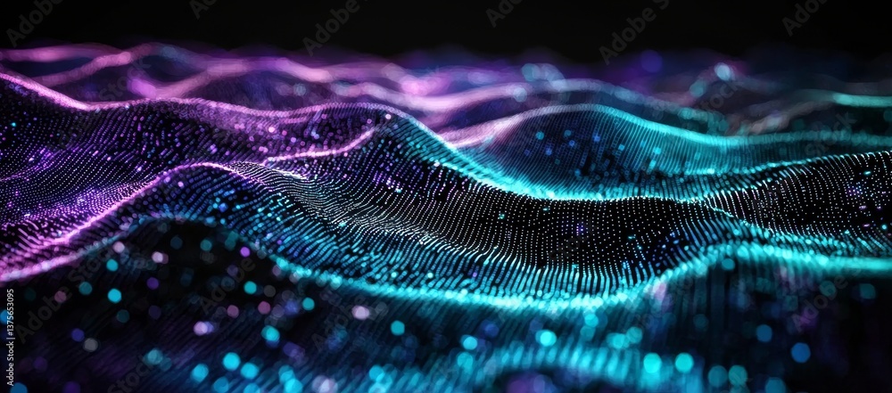 Poster a 3d rendering image depicts an abstract digital landscape filled with flowing particles, symbolizin