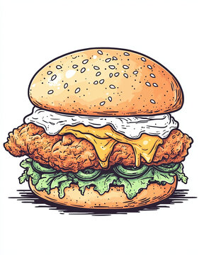Naklejki Scrumptious Hand Drawn Chicken Burger Illustration