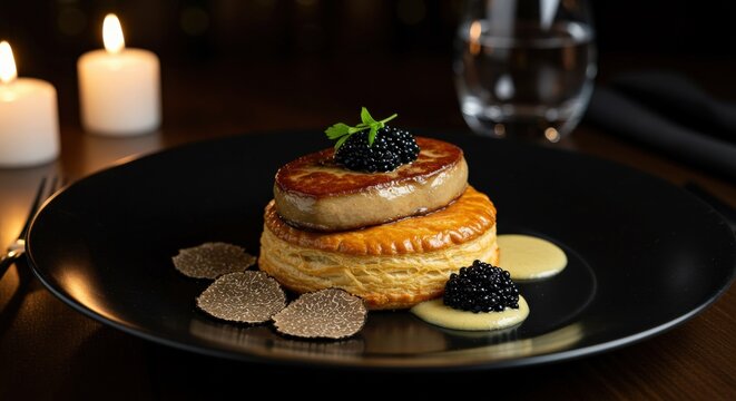 Foie gras baked in golden puff pastry, served with truffle sauce and black caviar. 