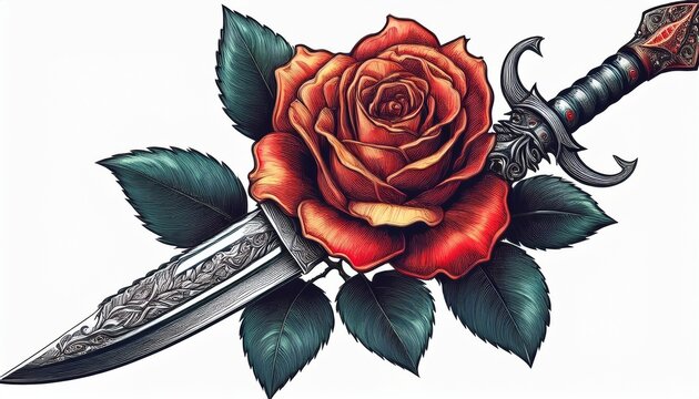 retro style gravure tattoo of a dagger piercing a blooming rose isolated on white ai generative