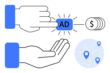 Hands interacting with ad button, leading to payment and geo-targeted map. Ideal for marketing, ads, online business, ecommerce, payment, location targeting digital services. Flat simple metaphor